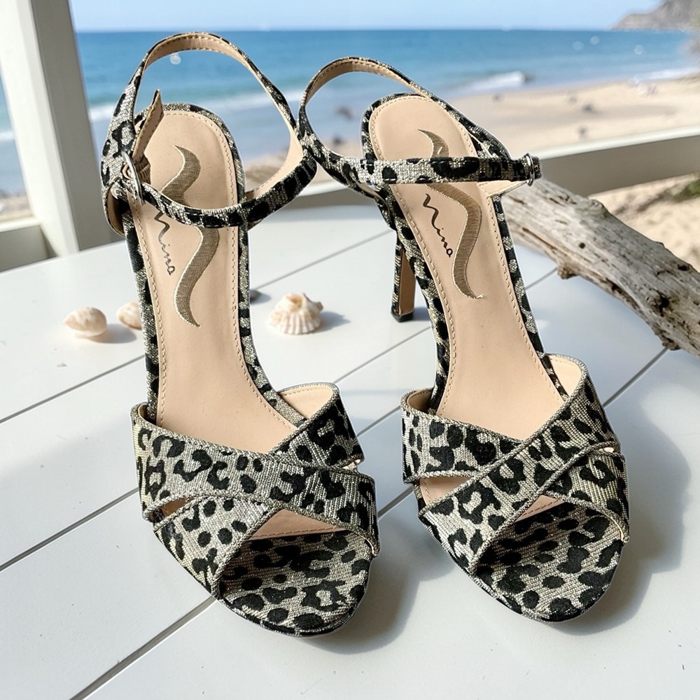 Nina Sparkle Silver Leopard Print Heeled Sandals with Ankle Strap